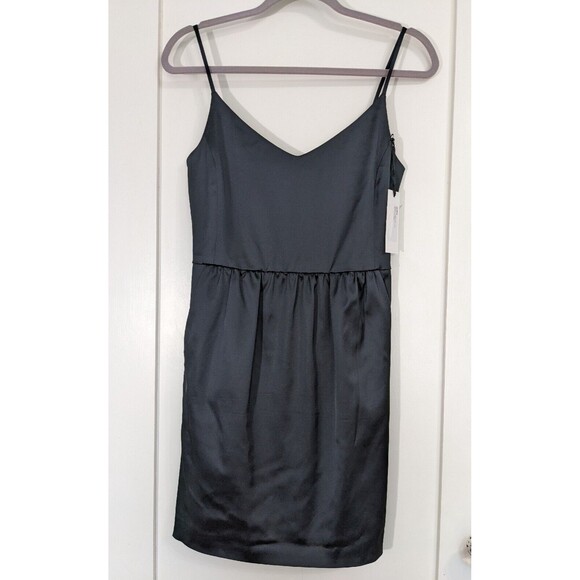 L'Agence Stretch Satin Short Black Dress Spaghetti Straps Pockets Size 2 *READ* - Picture 1 of 10